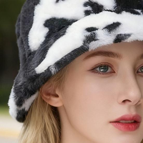 Faux Fur Fisherman Bucket Hat Milk Cow Pattern Warm Cozy Fluffy Bucket Hat Christmas Thanksgiving Headwear
