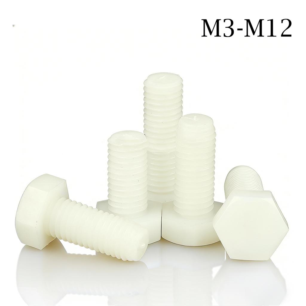 1-50 Stück Weiße Nylon-Kunststoff-isolierte Sechskantkopf-Schraube M3-M12 6-100mm Außensechskantbolzen für elektrische Isolierung