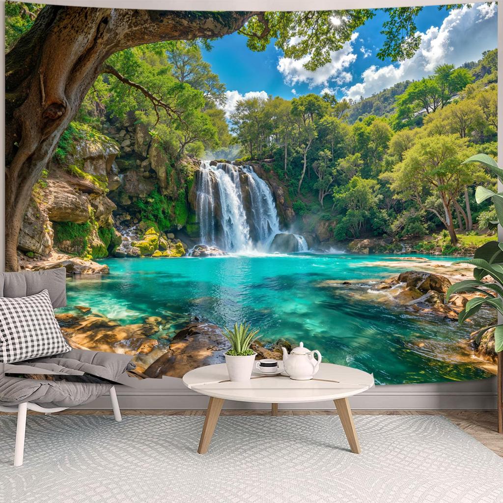 Tropical Forest Waterfall Tapestry Healing Nature Landscape Wall Hanging for Bedroom Living Room Homestay Decor