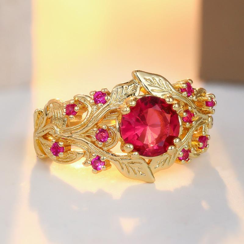 Gorgeous Inlaid Red CZ Leaf Women's Ring Dazzling Gold Color Hand Carving Daily Wear Party Jewelry Anniversary Gift