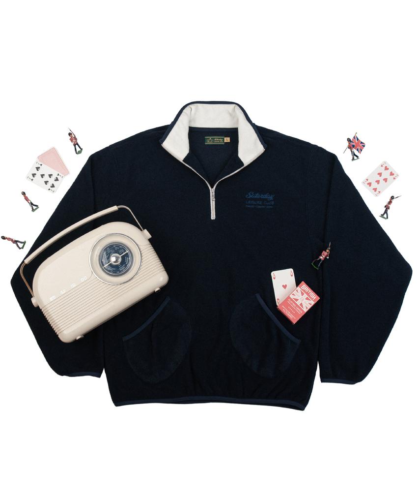 Seleodeilejeokeulleob Leisure Terry Fleece Half Zip-Up Sweater(Unisex) - Navy & Ivory