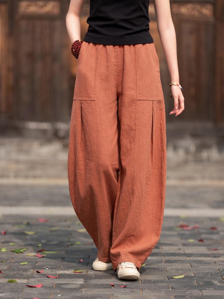 Women Vintage Bloomers Pants Solid Color Elastic Waist Pockets Trousers Spring Autumn Loose Women Cotton Pants