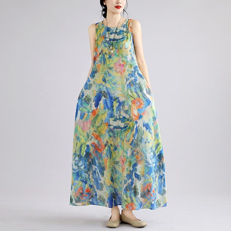 Sleeveless Plus Size Cotton Vintage Floral New In Dresses for Women Casual Loose Long Summer Dress