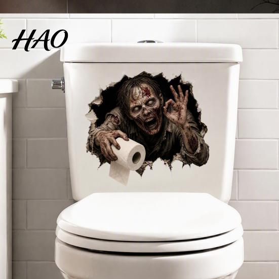 Graphic Wall Stickers for Refrigerator Spooky Crack Ghost Toilet Tank Lid Sticker, Halloween Horror 3D Broken Zombie Funny Bathroom Supplies