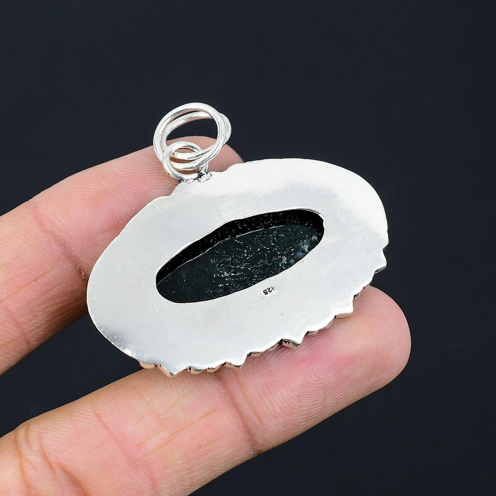 Sisters Day Sale Solar Moss Agate Gemstone Sterling Silver Engagement Pendant