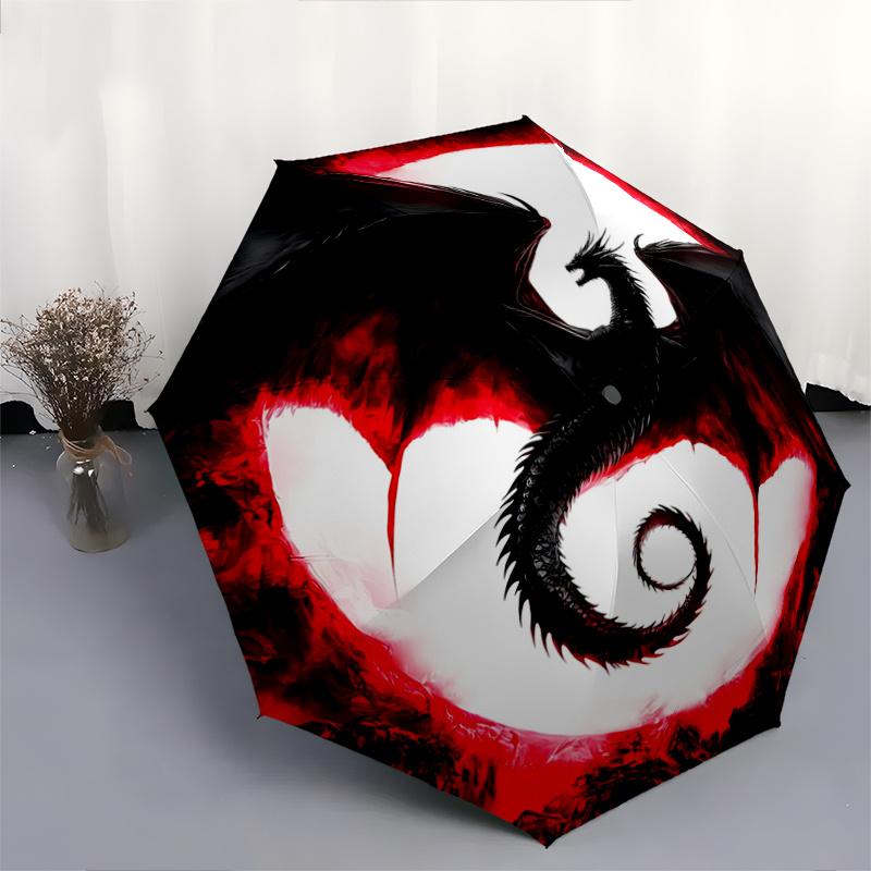 1pc Black Dragon in Front of a Red Moon Automatic Opening/Closing Umbrella with Convenient Three-Fold Design, 8-Bone Iron Frame - Outdoor Umbrell