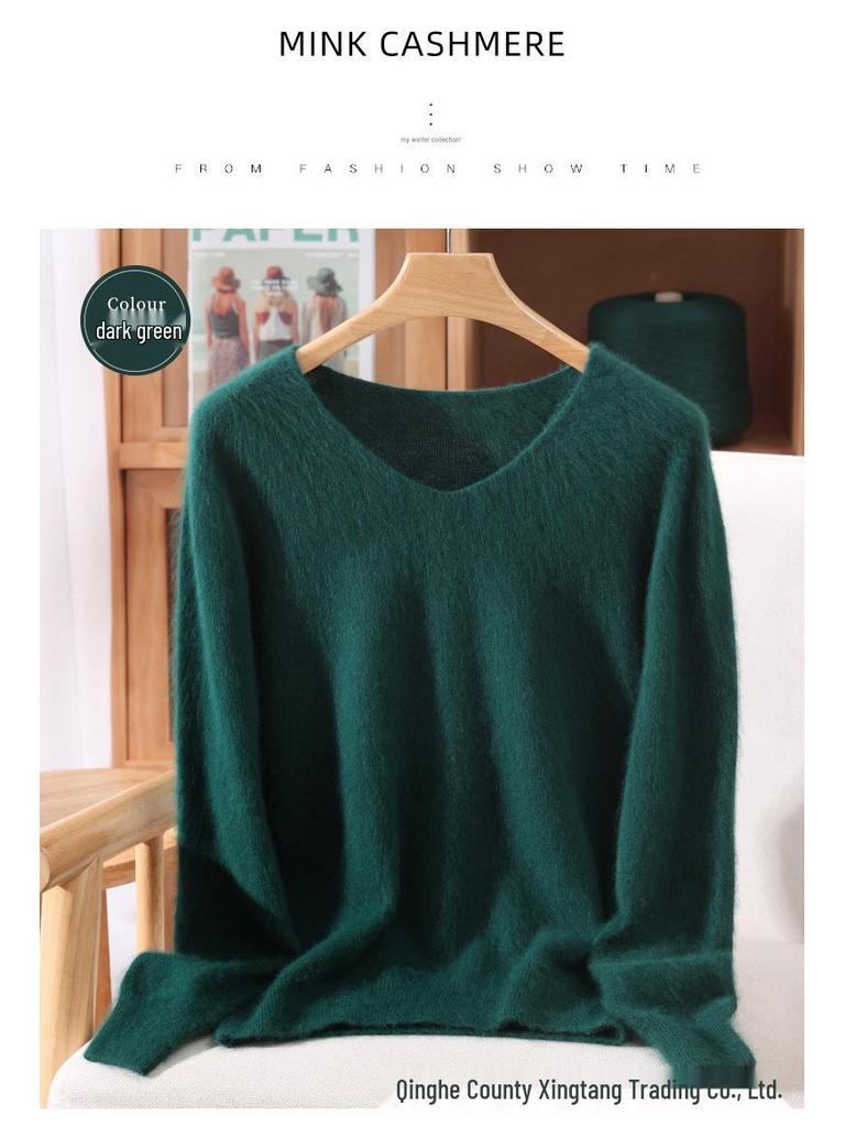 Damen Schlank geschnittener V-Ausschnitt Nerz Kaschmir Pullover, Große Größen, Herbst/Winter Pullover