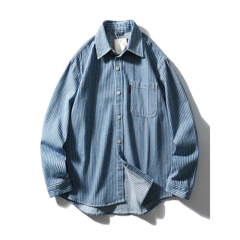 American Retro Washed Stripes Denim Shirt Jacket Men's Long Sleeves 2024 New Spring and Autumn Export Men's Shirt