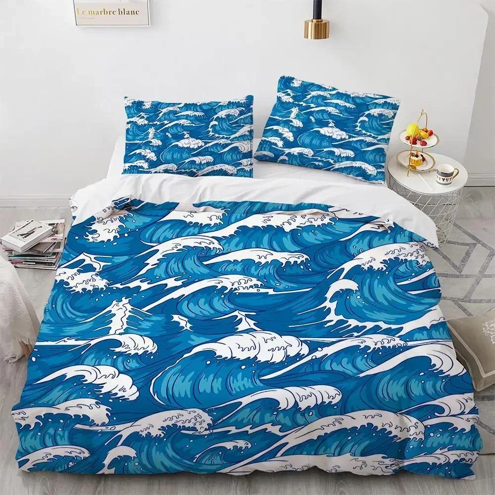 Wave Duvet Cover Set Hokusai Pattern Japanese Ukiyoe Quilt Cover Oriental Sketch Style Ocean Queen Twin Polyester Bedding Set