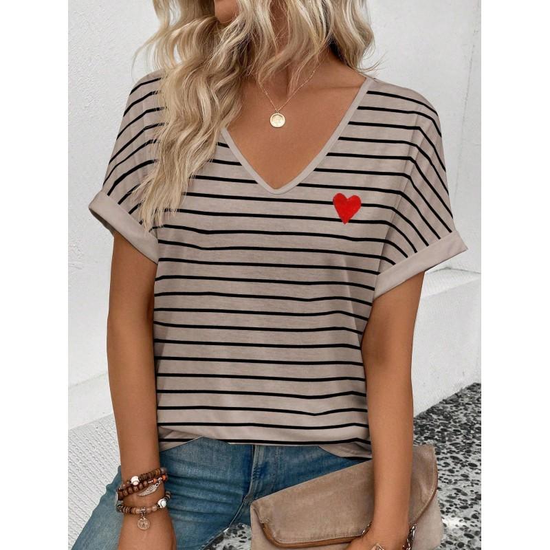 Womens V-Neck Short Sleeve T-Shirt With Leopard Print 3D Effect Colorful Ink Loose Fit Casual Office Wear
