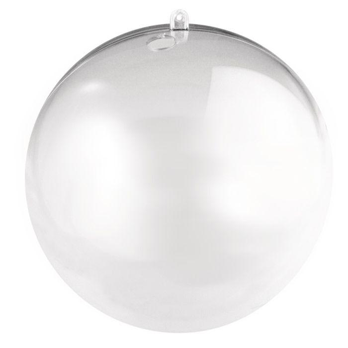 Bola de plástico, em 2 partes, 14cm ø, cristal, com furo de 15 mm para guirlanda LED