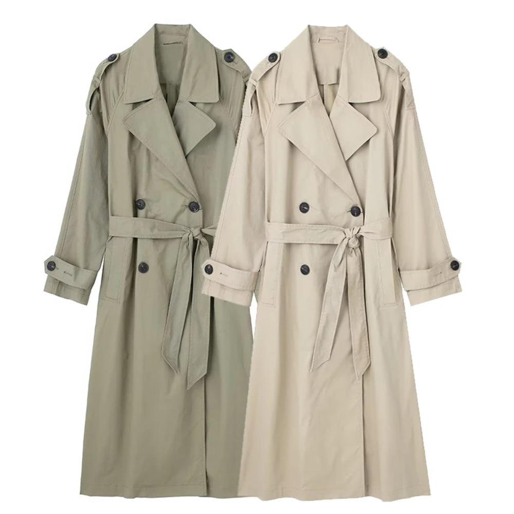 Women Fashion with Belt Solid Double Breasted Trench Vintage Lapel Neck Long Sleeves Female Chic Lady Outfits