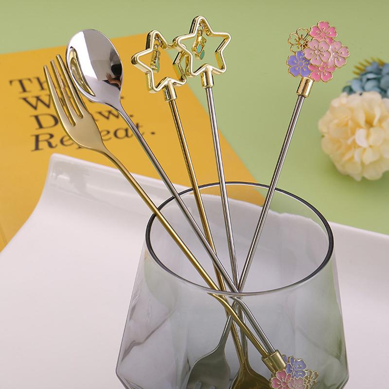 Handle Spoon Five-Pointed Star Gold-Plated Dessert Coffee Tea Long Handle Kitchen Supplies Mixing Spoon Set Heart-Shaped Pendant