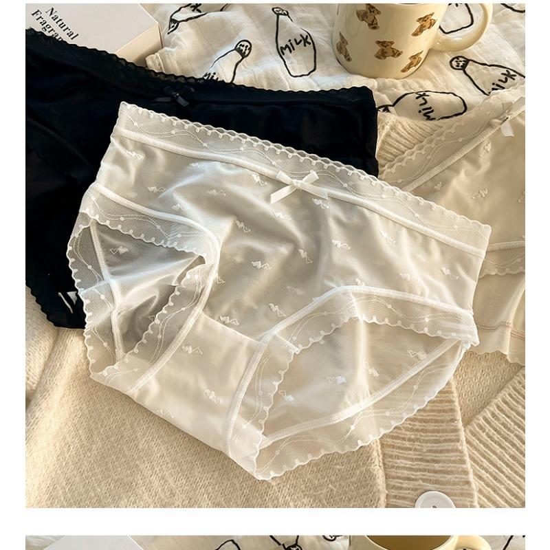 Women Mid Waist Ice Silk Lace Solid Color Antibacterial Crotch Comfortable Ladies Panties