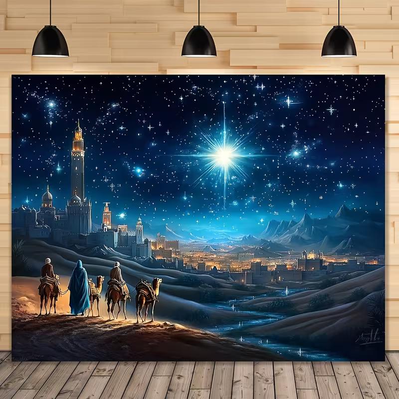 

2D Three Kings Camel Journey Backdrop Cloth Starry Night Bethlehem Decor 47.2x31.5inch/120*80cm