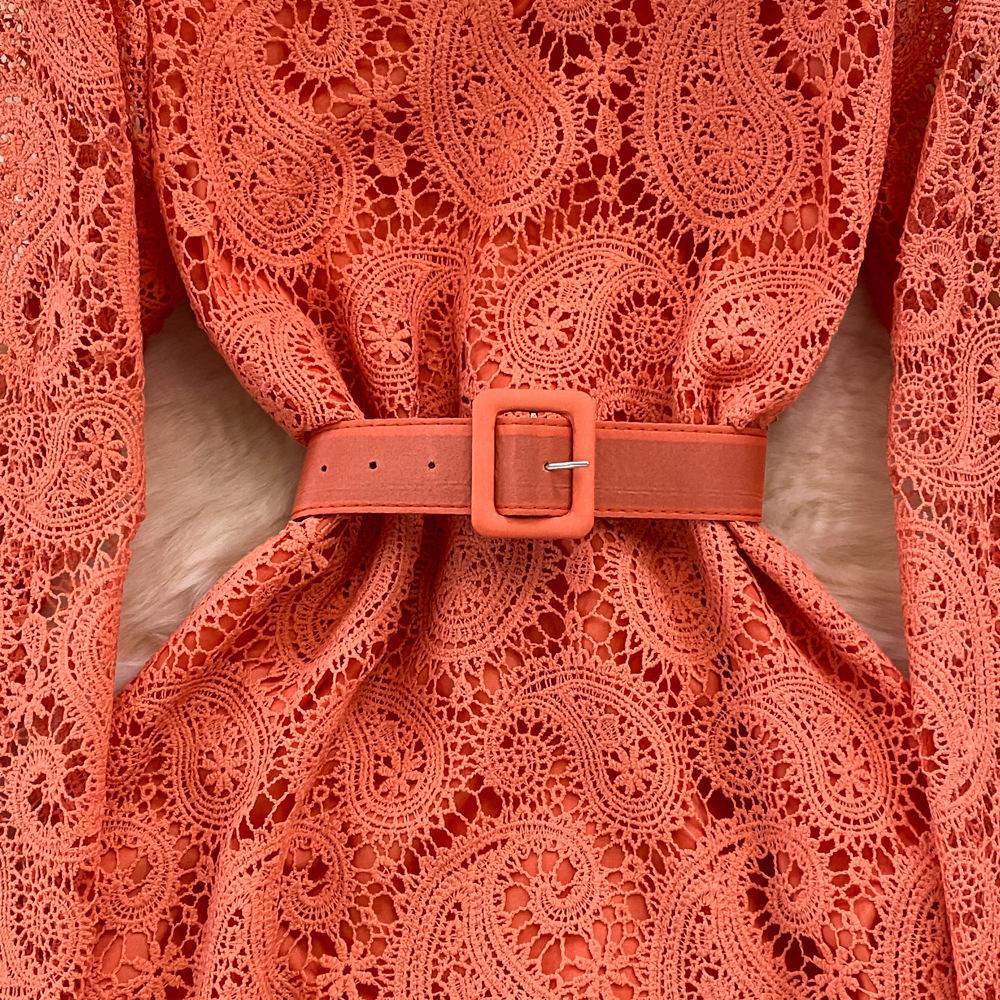 Spring Autumn Red/Yellow/Purple/Blue Hollow Out Embroidered Long Dress Women Vintage Lace Puff Sleeve Party Maxi Vestidos