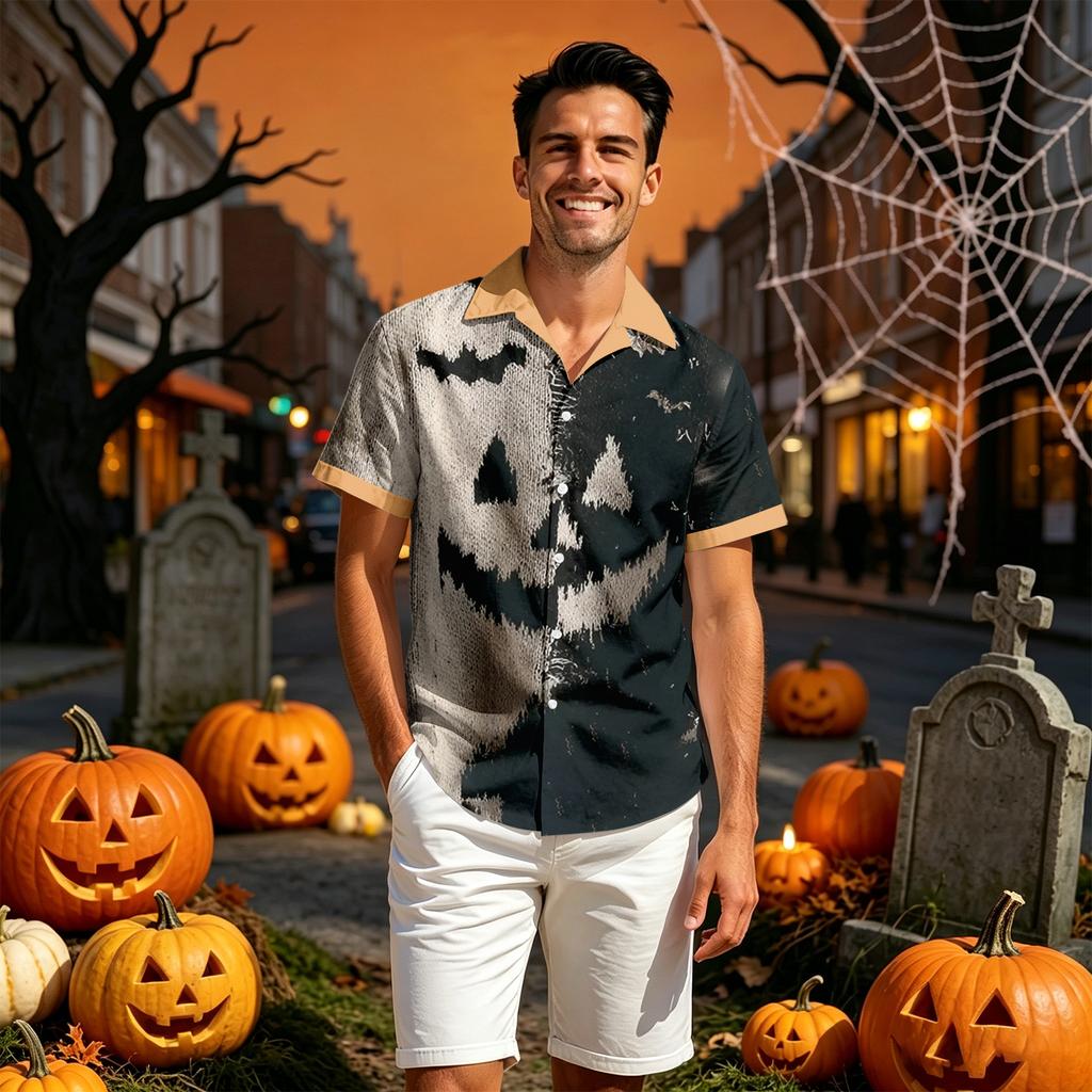 Men's Casual Short Sleeve Shirt with Halloween Print for Parties and Everyday Wear