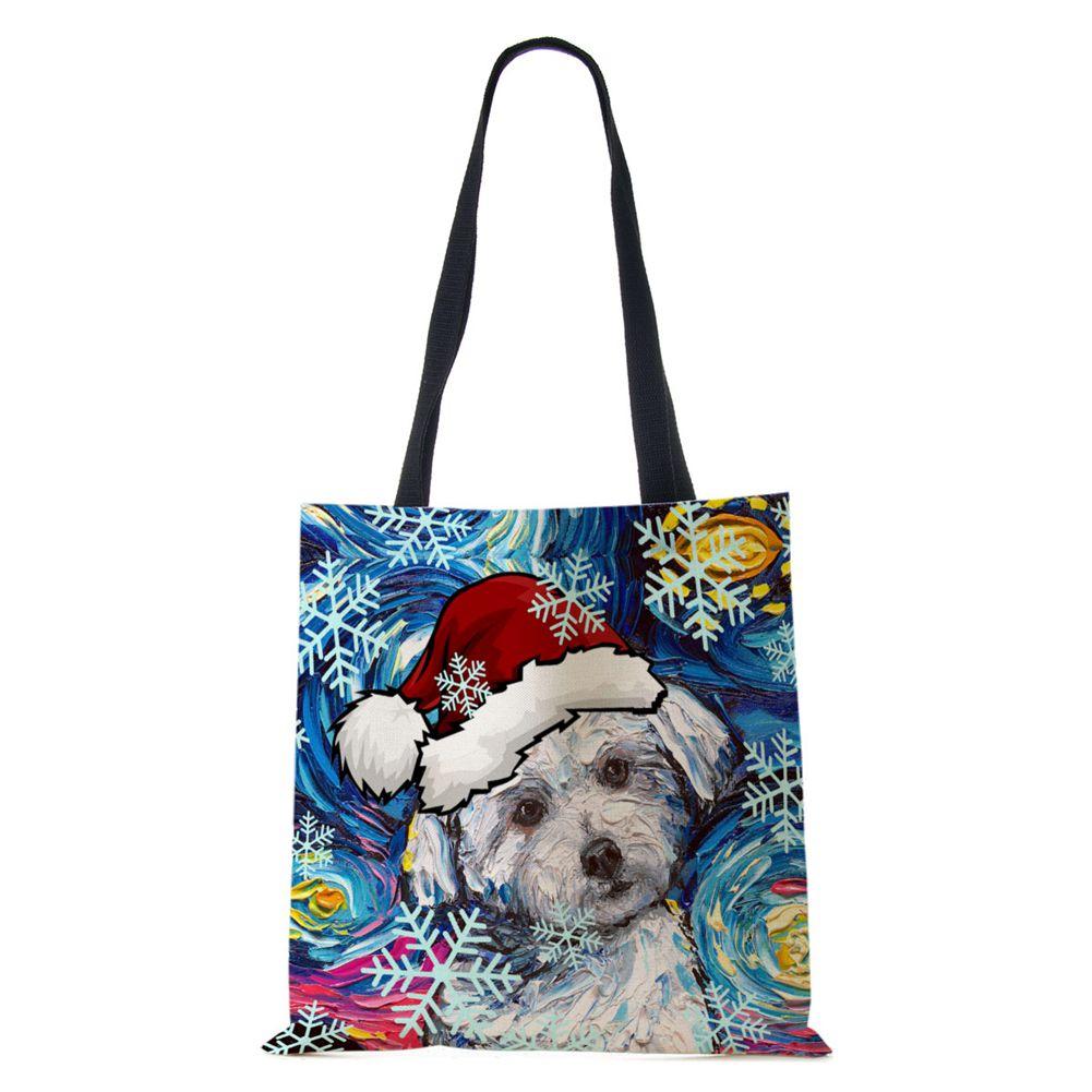 Christmas Dog Canvas Shopper Tote Bag Utskrift Harajuku Kvinner Gjenbrukbar skulderveske 2022 Casual Stor kapasitet sammenleggbar håndveske