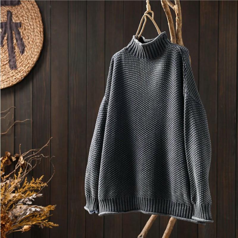 Damski Oversize Luźny Sweter z Dzianiny z Golfem Zimowy Casualowy Pulower z Haftem 3D