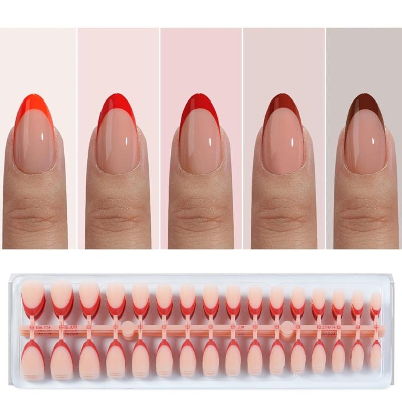 

Skin Tones 32-Piece Stick-On Nail French Tip Press Stick Nail in Short Almond Shape Fingernails Extension Set 1