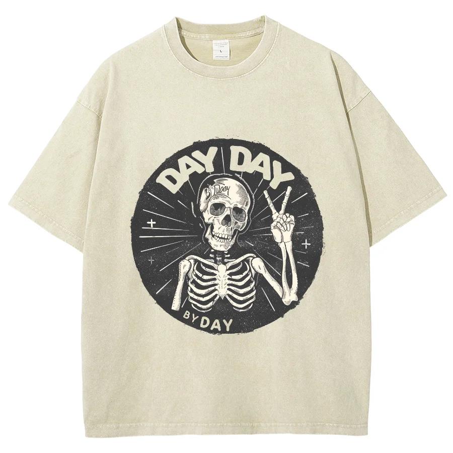 Skull Biye Black White Print Women's T-Shirt Washed Neutral Crew Neck Short Sleeve Vintage High Street Harajuku Style