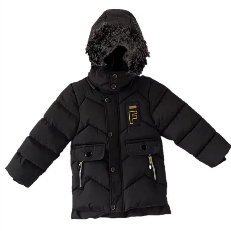 Boys' Winter 2024 Mid-Length Cotton Coat: Korean Style, Thickened, Fleece-Lined, Big Fur Collar, for Small and Medium Children.