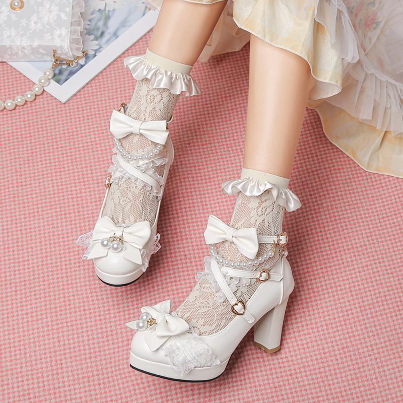 Original Lolita beaded buckle with women's single shoes fashion thick heel light mouth lace bow sweet princess high heels