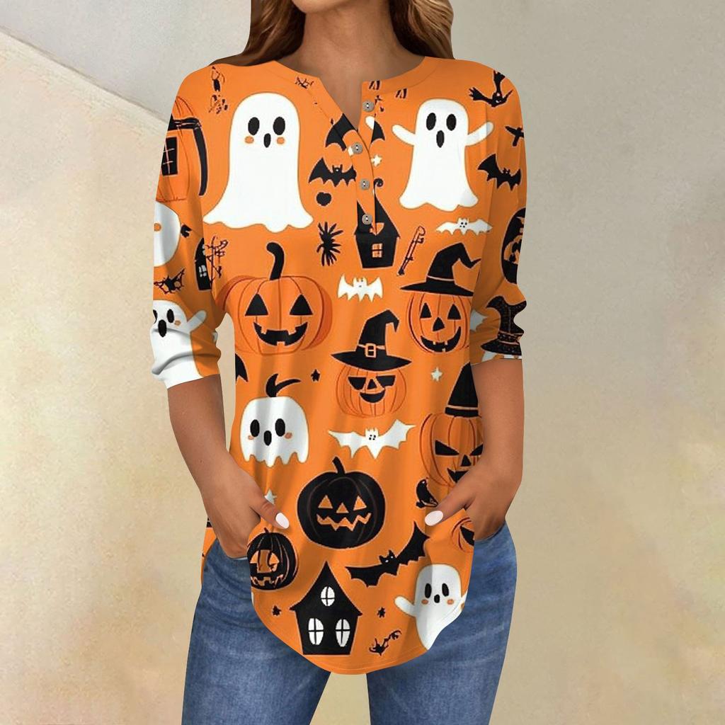 Women's Fashion Loose Button Collar Halloween Print Long Sleeve T-Shirt Top Pullover