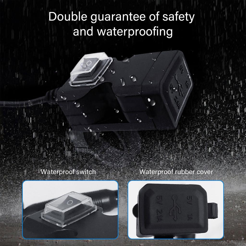 Motorcycle Handlebar USB Chargers Waterproof Power Supply Socket with Double Port Interface Suitable for Electric Bikes