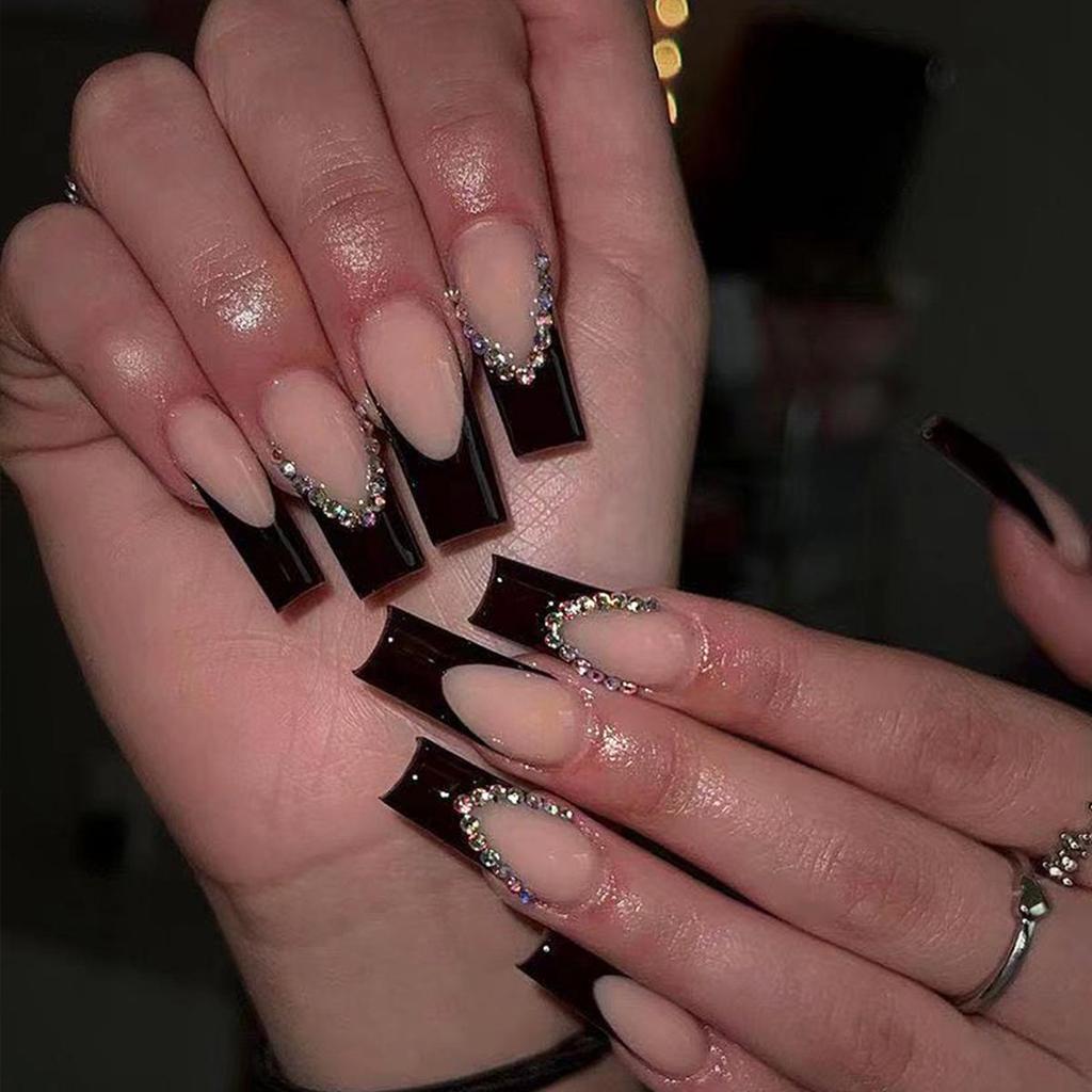 Black French Edge Extra Long Rhinestone Wearable Nail Tips with Removable Stickers