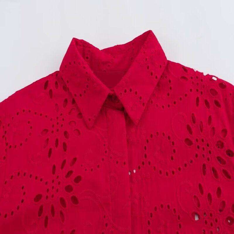 Fashion Style 2024 Summer New Women's Clothing Temperament Wild Embroider Poplin Cut Out Long Sleeves Shirt 8005916