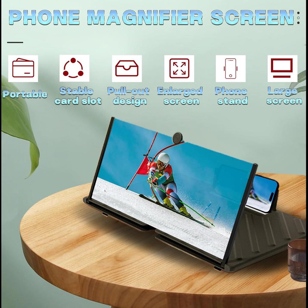 Lupa de Tela para Smartphone, Amplificador de Tela de Celular 3D HD, com Suporte Dobrável, Proteção Ocular Anti-Raio Azul, Adequado para Todos os Smartphones