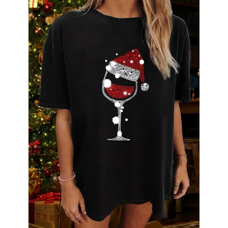 Summer Christmas Printed Women's Loose Casual Round Neck Pure Cotton Short Sleeved T-Shirts Women’s