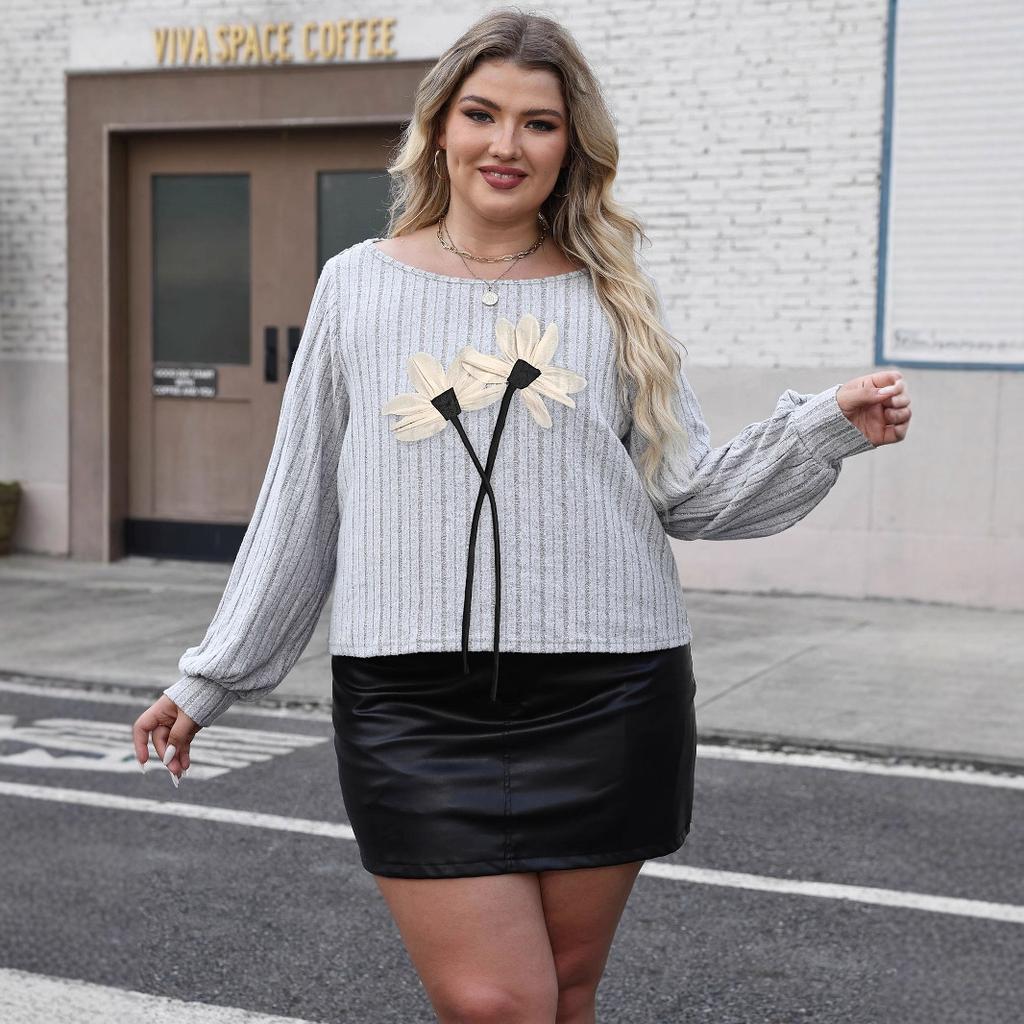 Mesh Three-dimensional Flower Patchwork Round-neck Top, Autumn Base Layer, Large-sized Women's Casual T-shirt