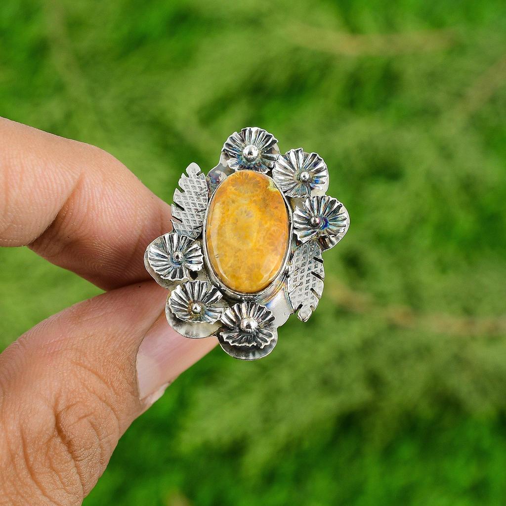 Natural Fossil Coral Statement Flower Adjustable Ring 925 Silver For Girls