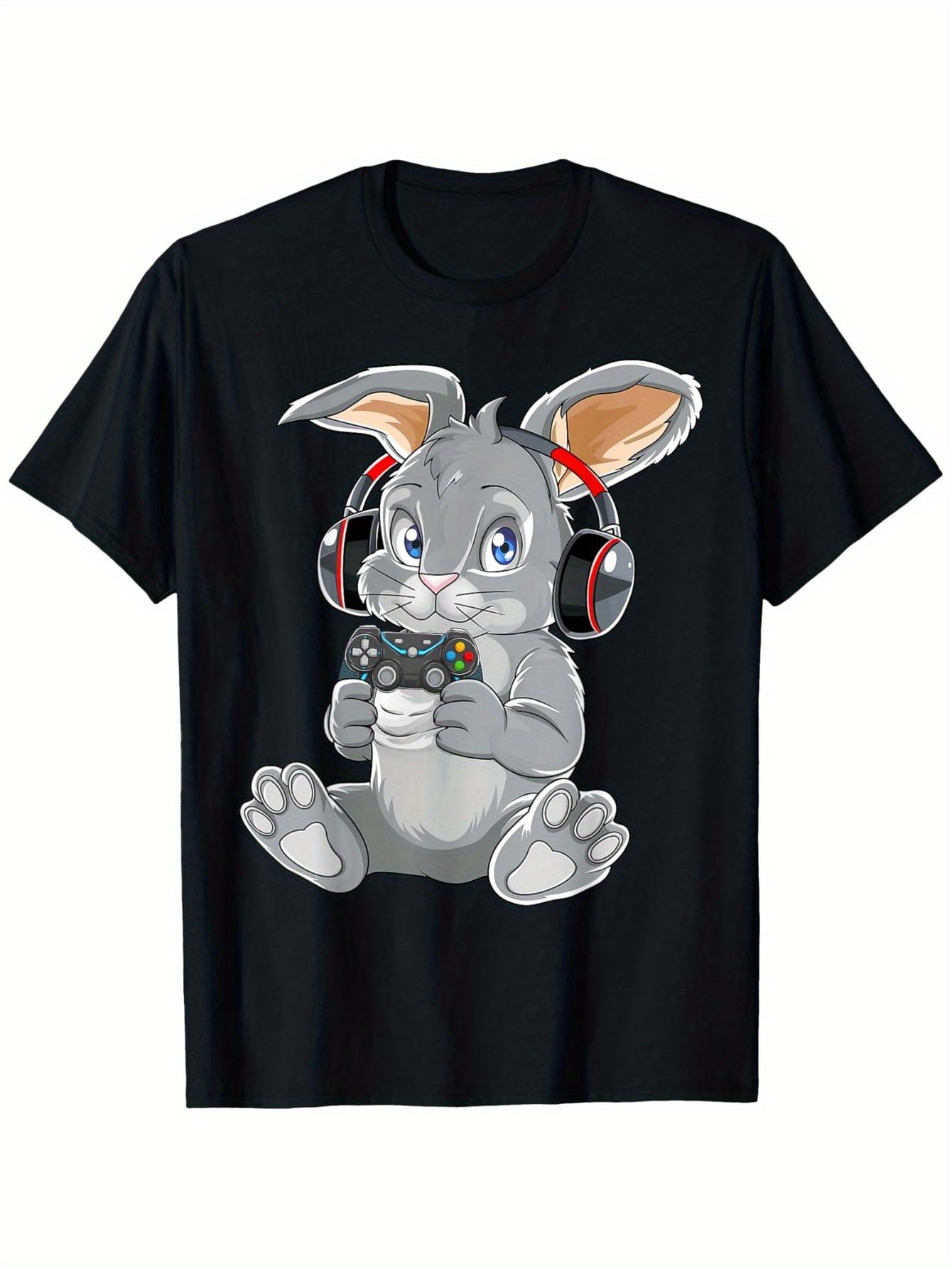 

Womens Casual Easter Bunny Game TShirt Crew Neck Black with Playful Grey Bunny Design Printed Women Clothing S