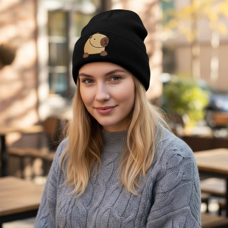 Cute Capybara Embroidered Beanies Soft Stretchy Acrylic Hat Unisex Design For Family Friendly Activities And Travel