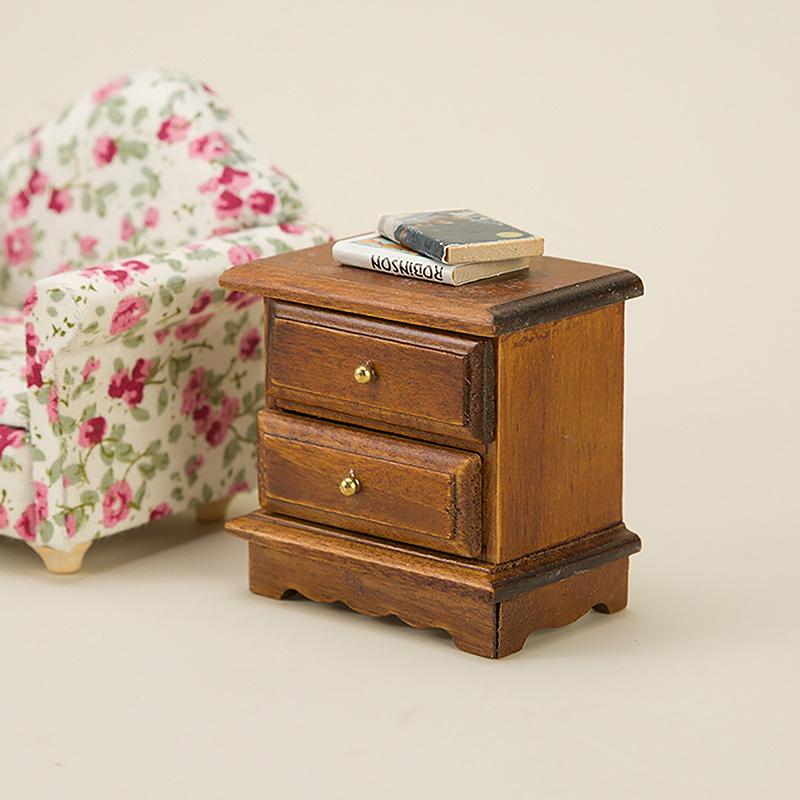 Dollhouse Accessories Crafts 1:12 Double Layer Edge Cabinet Model Miniature Creative Furniture Decoration Wooden Bedside Table