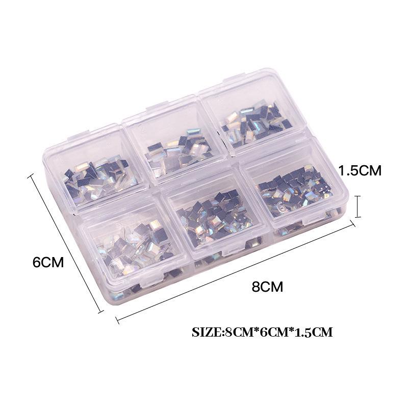 Mixed Color AB Rhinestones: Round, Flat Bottom, Silver & White in 6-Grid Box for DIY Nail Art.