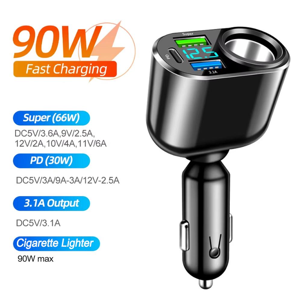 PD QC3.0 Quick Car Phone Charger,4 in 1 Dual USB Type C Fast Charging Power Adapter with Cigarette Lighter Voltage Display
