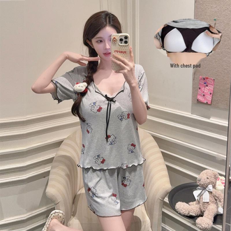 2026 Women s Summer Pajamas with Built-in Bra - Modal Short Sleeve Two-Piece Set M