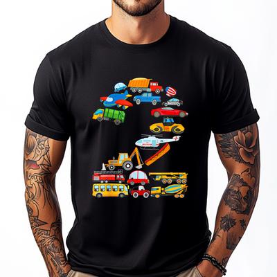 Kids 2nd Birthday For Cars Vehicles Fire Truck Airplane Camisas Basicas Hombre Men Short Sleeve Tee Character