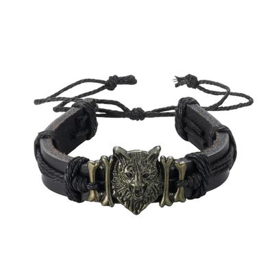 Bronze Jewelry Personalized Retro Wolf Head Leather Adjustable Bracelet Hand Rope