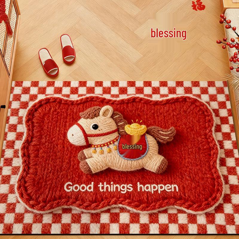 Year of the Horse Non-Slip Absorbent Diatom Mud Bathroom Mat - Red 40x60cm Diatom Mud