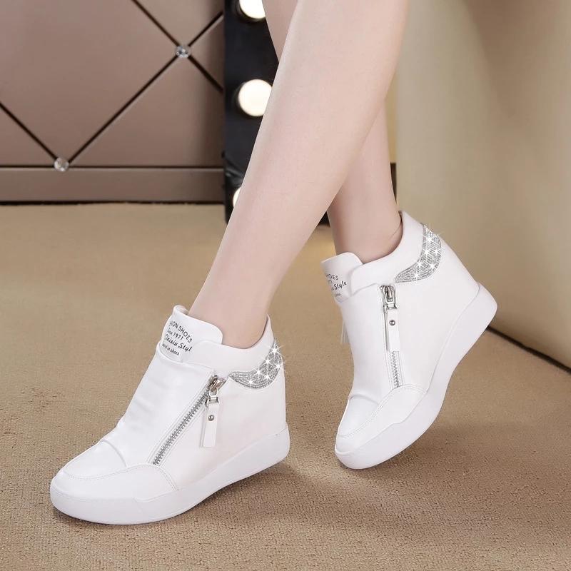 Women High Top Platform Sneakers Hidden Wedge Heel Side Zip White Casual Shoes Spring Rivet Fashion Sneakers