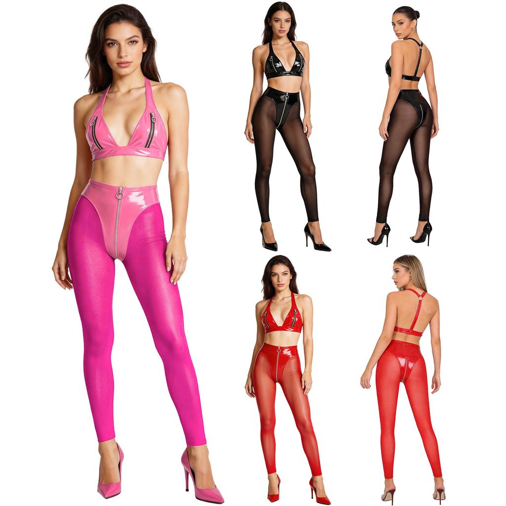 S-3XL Women Wet Look PU Leather Clubwear Set Zipper Cups Y-Back Bralette with Mesh Leggings Tights for Rave Party