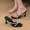 Mode Liyke Street Style Cristal Strass Soie Femmes Pantoufles Sandales Mode Bout Ouvert Talons Hauts Fins Stripper Fête Diapositives Chaussures