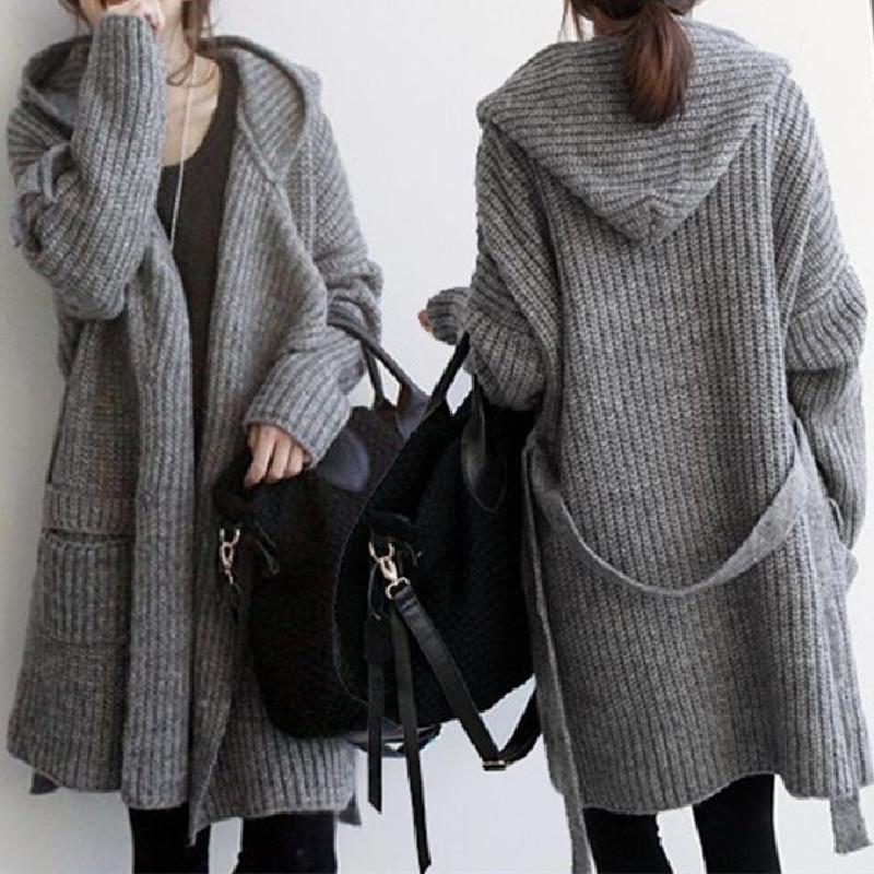 Korean autumn and winter women's clothing loose thick stick needle wool medium and long hooded thickened large sweater cardigan jacket