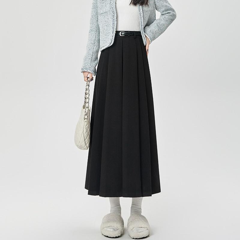 Womens High Waist  Pleated Midi Skirt A Line Winter Fall  Solid Color Long Skirt
