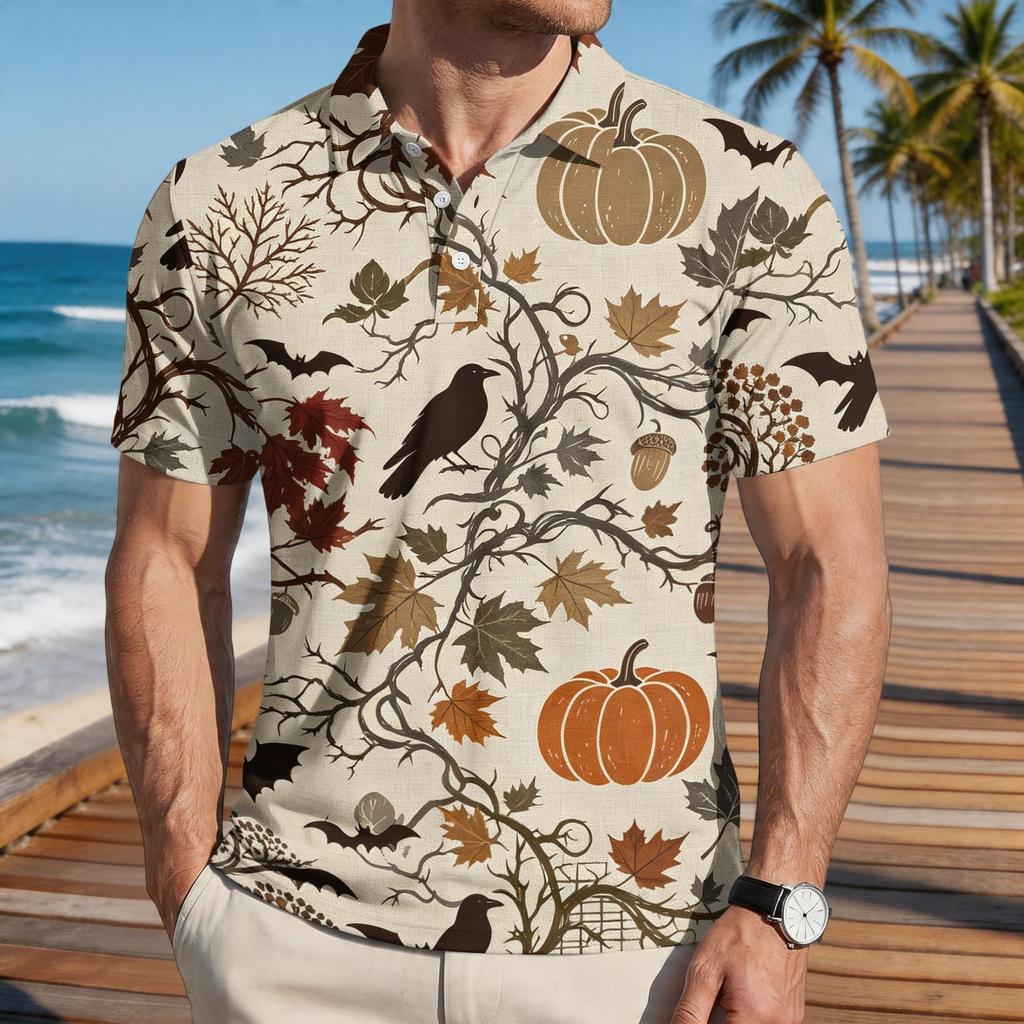 Men Halloween Print Casual Short Sleeve Shirt with Pumpkin Bat and Leaf Patterns Lightweight Button Down Top